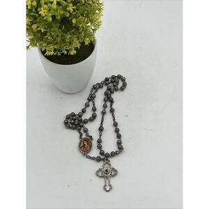 Vintage Heavy, Silvertone Metal Catholic Rosary, Rosebud Beads Virgin Mary